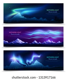 Northern lights aurora borealis night sky and landscape 3 colorful realistic horizontal banners set isolated vector illustration