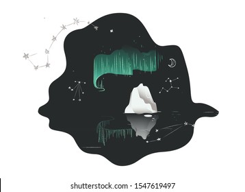 Northern lights - Aurora borealis on night sky above water and ice. Star constellations and polar iceberg reflections - isolated hand drawn cartoon vector illustration element on white background