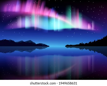 Northern lights. Aurora borealis in the sky over the forest and the ocean. Vector illustration