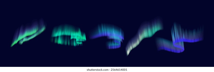 Northern lights aurora borealis in sky realistic color icons set. Mesmerizing natural phenomenon 3d objects bundle on dark background