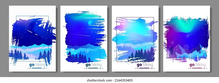 Northern Lights. Aurora. Set Of Landscapes In Art Frames. Travel, Discover, Explore, Observing Nature. Hiking. Adventure. Minimalist Graphic Flyer. Flat Design. Polygonal Mountain Landscape. Vector