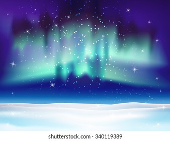 Northern lights background vector illustration. Winter backdrop with snow.