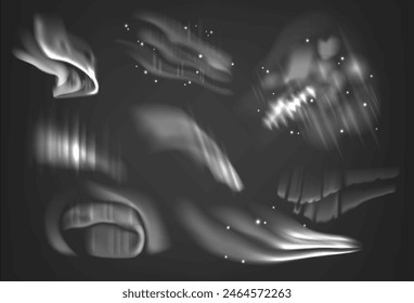 Northern Lights In Black And White, Features Soft Light Flares And Patterns Resembling The Flowing Aurora Borealis Glow