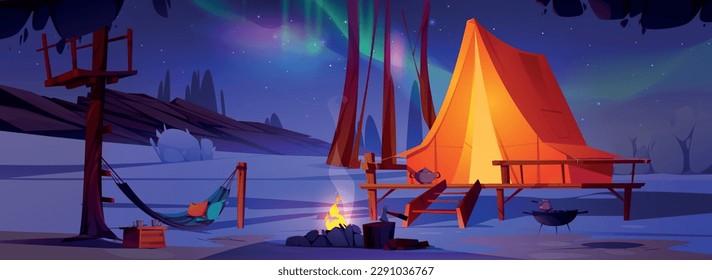 Northern lights camping and night illustration. North polar camp with bonfire and aurora sky in park. Nordic borealis scene landscape vector background. Scandinavian campfire recreation in snow