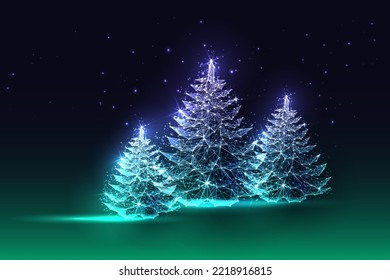 Northern lights Christmas greeting card with Glowing spruce trees forest in futuristic glowing polygonal style on dark blue to green background. Modern abstract connection design vector illustration