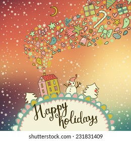 Northern lights concept card. Ideal winter holiday background with bright sky, house, trees and snowman in vector. Stylish Christmas and new year illustration