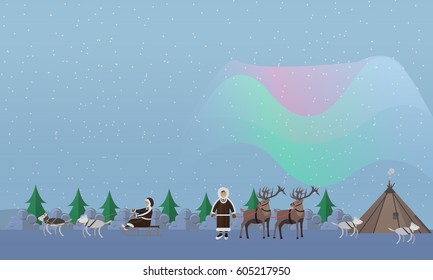 Northern lights concept vector illustration. Arctic landscape with aurora borealis, eskimo people in traditional clothing and arctic animals, flat style design elements.