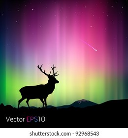 The northern lights with a deer in the foreground, vector illustration.