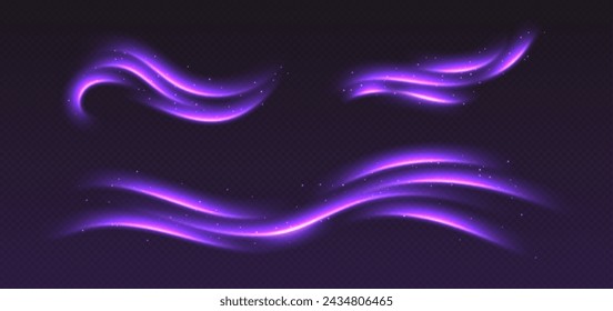 Northern lights effect, aurora borealis overlay, colorful motion effect. Luminous lights of speed. Glowing twirls and swirls. Abstract luminescent curves. Vector illustration.