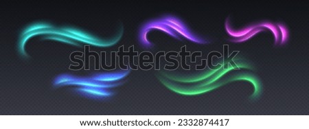 Northern lights effect, aurora borealis overlay, colorful motion effect. Luminous lights of speed. Glowing twirls and swirls. Abstract luminescent curves. Vector illustration.