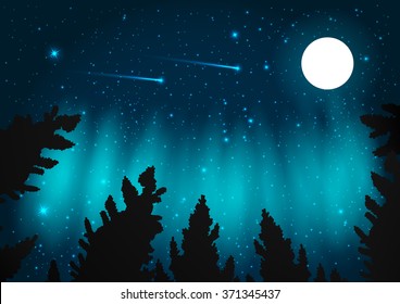 Northern Lights. Galaxy With Framed With Pine Trees. Night Sky And Shooting Stars. Milky Way. Vector Illustration