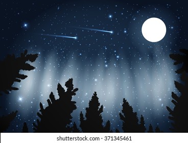 Northern Lights. Galaxy With Framed With Pine Trees. Night Sky And Shooting Stars. Milky Way. Vector Illustration