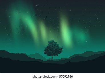 Northern Lights glowing over a mountain range and tree. Vector illustration with grouped objects.