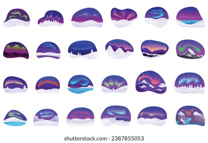 Northern lights icons set cartoon vector. Natural hill. Wind solar aurora