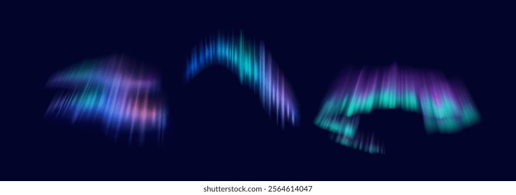 Northern lights illuminating sky realistic color icons set. Vibrant shades creating illumination display 3d objects bundle on dark background