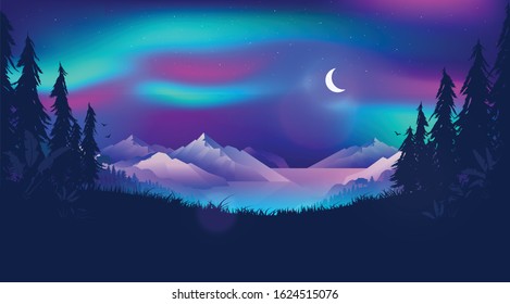 Northern lights illustration - Aurora borealis in the sky over a Norwegian fjord. Beautiful northern landscape scene at night time with moon, forest and ocean. Magical, mystical north concept.