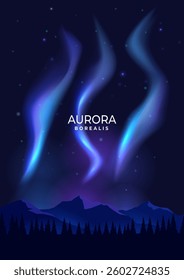 Northern lights. Landscape background. Bright glow at night, starry sky. Vector illustration.