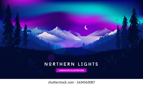 Northern lights landscape illustration - Beautiful night sky with moon and stars, view from forest over the ocean and mountains. Night scene background and wallpaper concept. Vector EPS