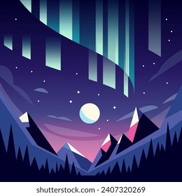 Northern lights landscape with mountains and moon. The sky is in the north. Flat vector illustration.