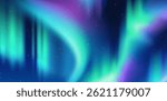 Northern lights. Landscape with starry night sky and bright glow of Aurora Borealis. Atmospheric phenomenon of north pole. Beautiful blue and purple lights. Realistic gradient vector illustration