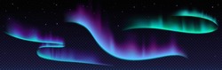 Northern Lights With Neon Glowing Effect On Dark Transparent Background. Colorful Bright Luminous Streaks Of Aurora Borealis On Polar Night Starry Sky. Realistic Vector Set Of Arctic Visual Phenomenon