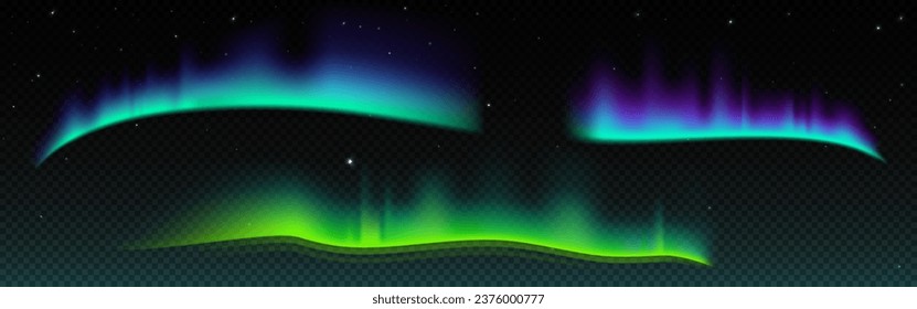 Northern lights with neon glowing effect on dark transparent background. Colorful bright luminous streaks of aurora borealis on polar night starry sky. Realistic vector set of arctic visual phenomenon