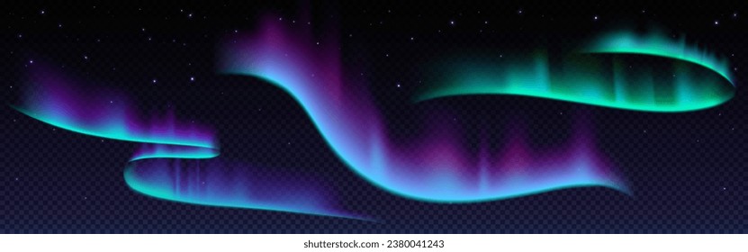 Northern lights with neon glowing effect on dark transparent background. Colorful bright luminous streaks of aurora borealis on polar night starry sky. Realistic vector set of arctic visual phenomenon