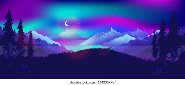 Northern lights at night landscape. View from forest to a fjord with mountains and sea. Dancing lights and moon in the sky. Northern nature, traveling, tourism, Norway concept. Vector illustration.