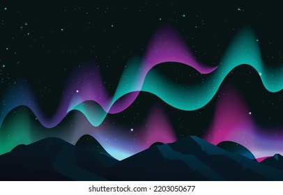 Northern lights at night landscape. View from forest to a fjord with mountains and sea. Dancing lights and moon in the sky. Northern nature, traveling, tourism, Norway concept. Vector illustration.
