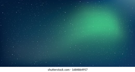 Northern lights. Night shining starry sky. Polar lights, luminescence, Green light beam in the sky. Space background and stars in infinity cosmos. Vector blurred background.