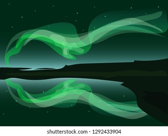 Northern lights in night sky over mountain vector illustration background.