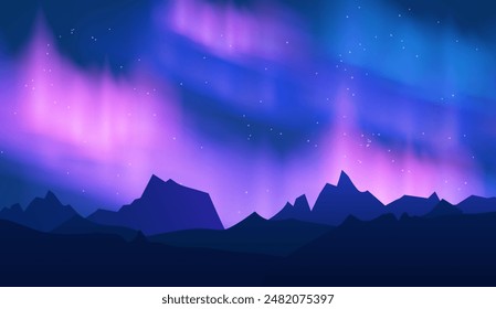 Northern lights over mountain landscape. Vector illustration depicting a night scene with vibrant blue and pink northern lights for background and wallpaper.