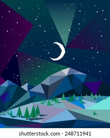 northern lights over mountains in winter night with moon vector
