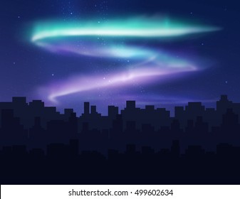 Northern lights over night city buildings. Vector illustration.