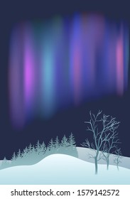 Northern Lights over the pine forest and winter field. Aurora Borealis easy to apply to any dark field. Background for Merry Christmas and New Year holidays. Upright orientation. Vector illustration.