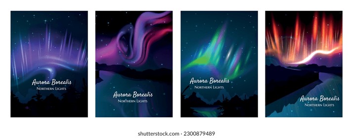 Northern lights realistic colorful posters set with purple green and orange luminescence isolated vector illustration