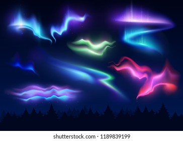 Northern lights realistic set of polar phenomenon with different shapes and colors vector illustration 