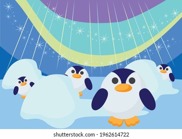 Northern Lights and Spherical Ball-Shaped Cute Penguins Background