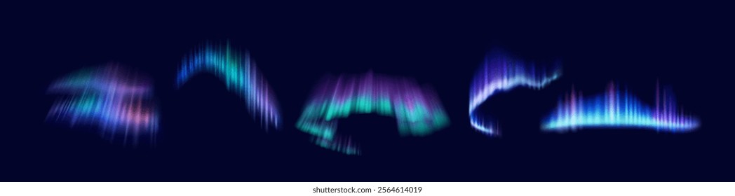 Northern lights stunning patterns realistic color icons set. Night sky illuminated with vibrant hues 3d objects bundle on dark background