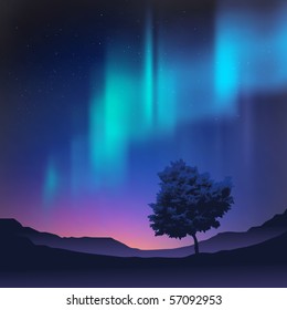 The northern lights with a tree in the foreground, vector illustration.