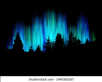 Northern lights vector. Forest silhouette against the background merry dancers. Trees landscape.