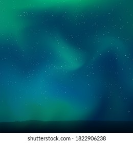 Luces boreales. Ilustración vectorial de un brillante cielo nocturno y horizonte. Azul verde mágico resplandor. Antecedentes para un paisaje del norte o fondo de pantalla oscuro abstracto. El brillante cielo del norte, de color profundo.