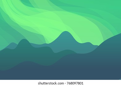 Northern Lights, Vector Landscape Illustration in green colors