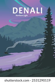 northern lights view at denali national park minimalist poster design