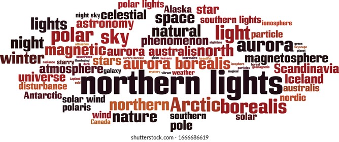 Concepto de nube de palabras de las luces del norte. Collage hecho de palabras sobre luces del norte. Ilustración del vector