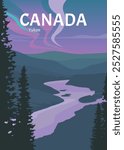 northern lights in yukon canada vintage poster background design