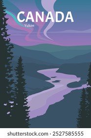 northern lights in yukon canada vintage poster background design