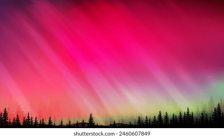 Nordlichter, Aurora Borealis in Pink, Lila, Grün Klarer Himmel und Wolkendecke mit Lichtverschmutzungseffekt über Waldbaum und Berg, Fantastische Winterlandschaft Natur Erstaunlicher Sonnensturm