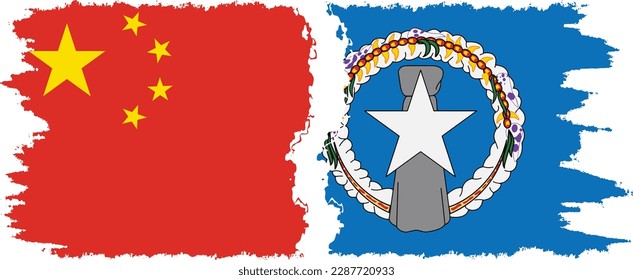 Northern Mariana Islands and China grunge flags connection, vector