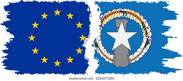 Northern Mariana Islands and European Union grunge flags connection, vector